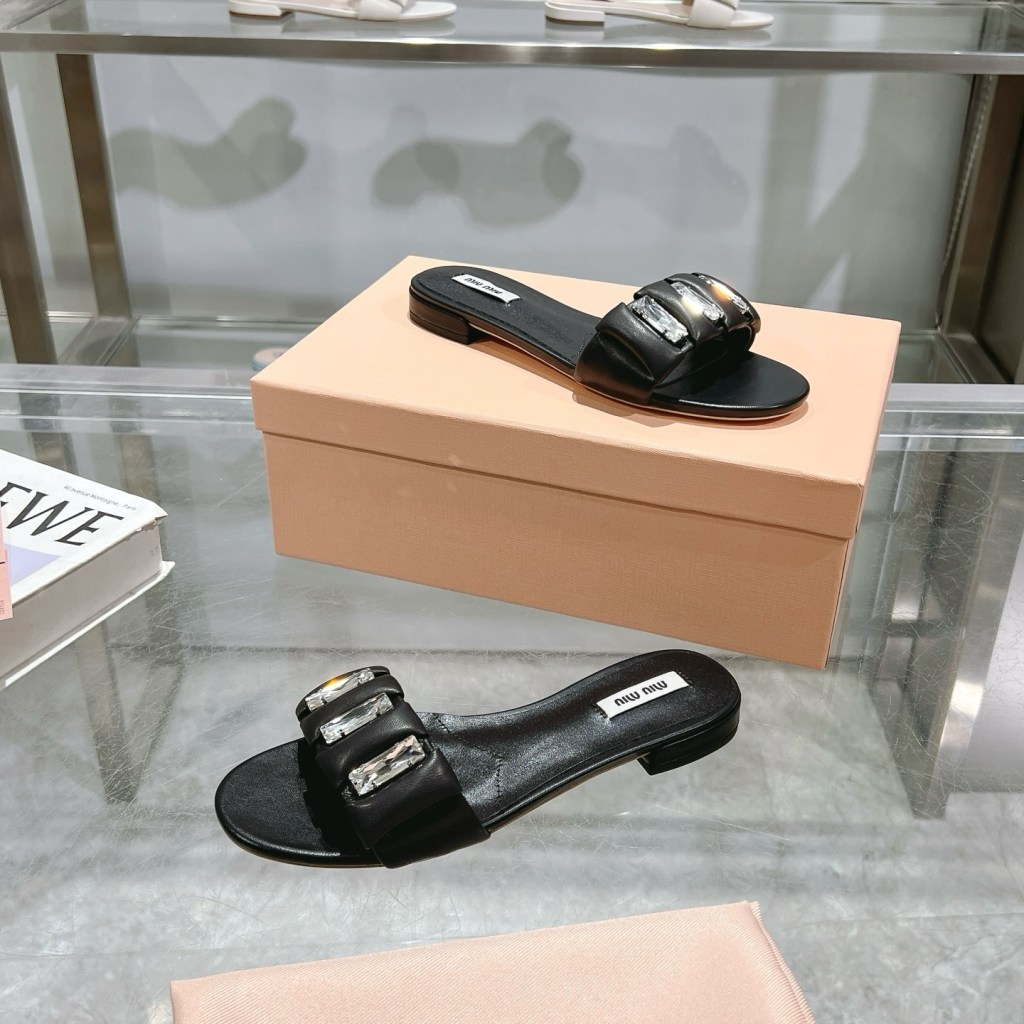 Miu Miu Crystal-Embellished Leather Black Slides