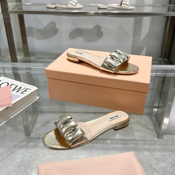 Miu Miu Crystal-Embellished Metallic Leather Gold Slides