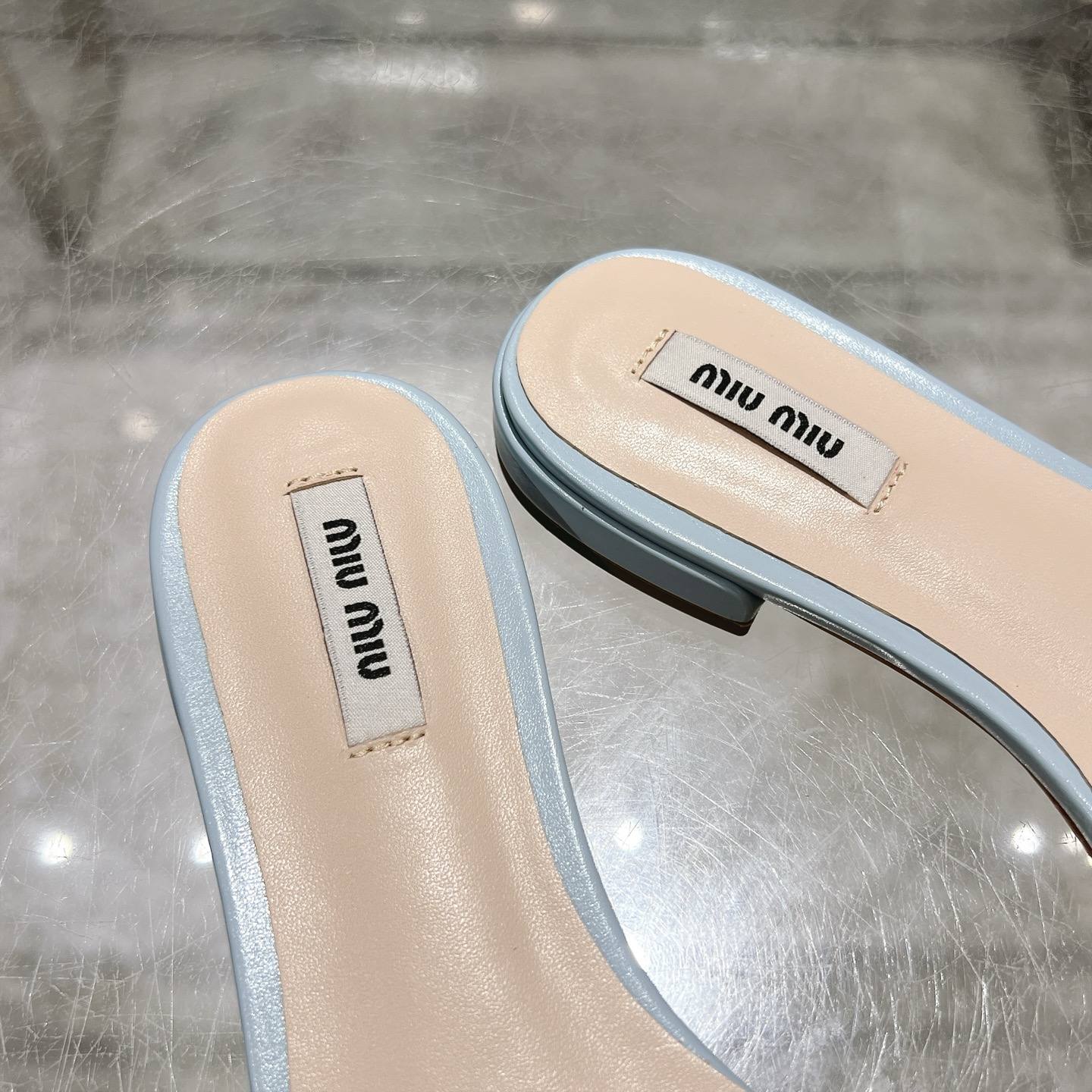 Miu Miu Crystal-Embellished Leather Powder Blue Slides - Image 9