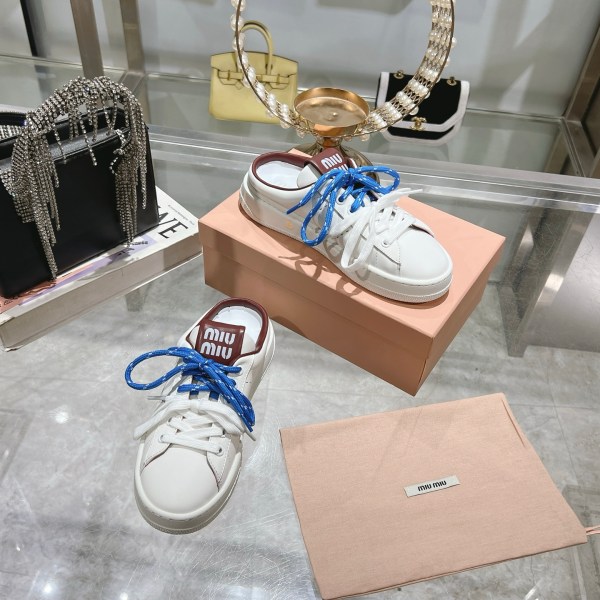 Miu Miu Double Lace Slip-On Sneakers in White with Brown Accents