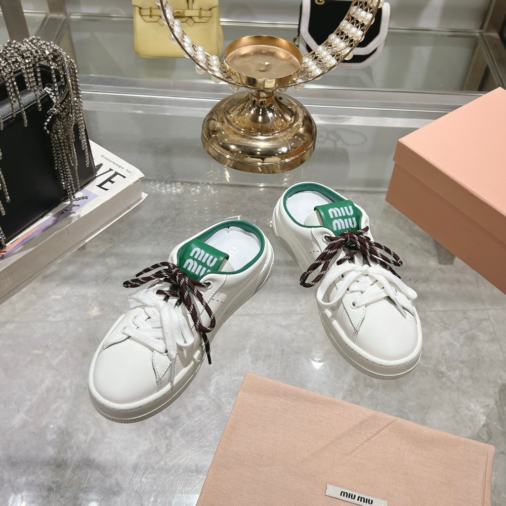 Miu Miu Double Lace Slip-On Sneakers in White with Green Details