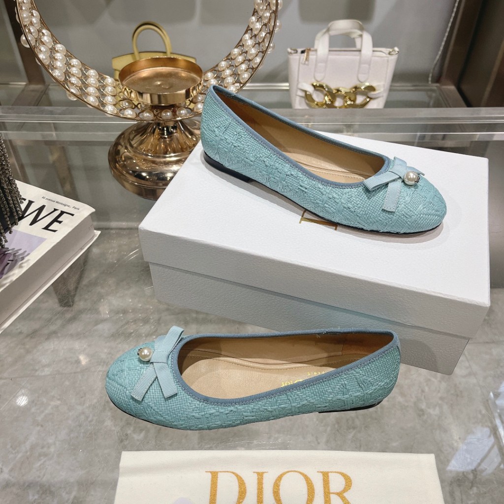 Dior Light Blue Tweed  with Bow and Pearl Detail Ballet Flats