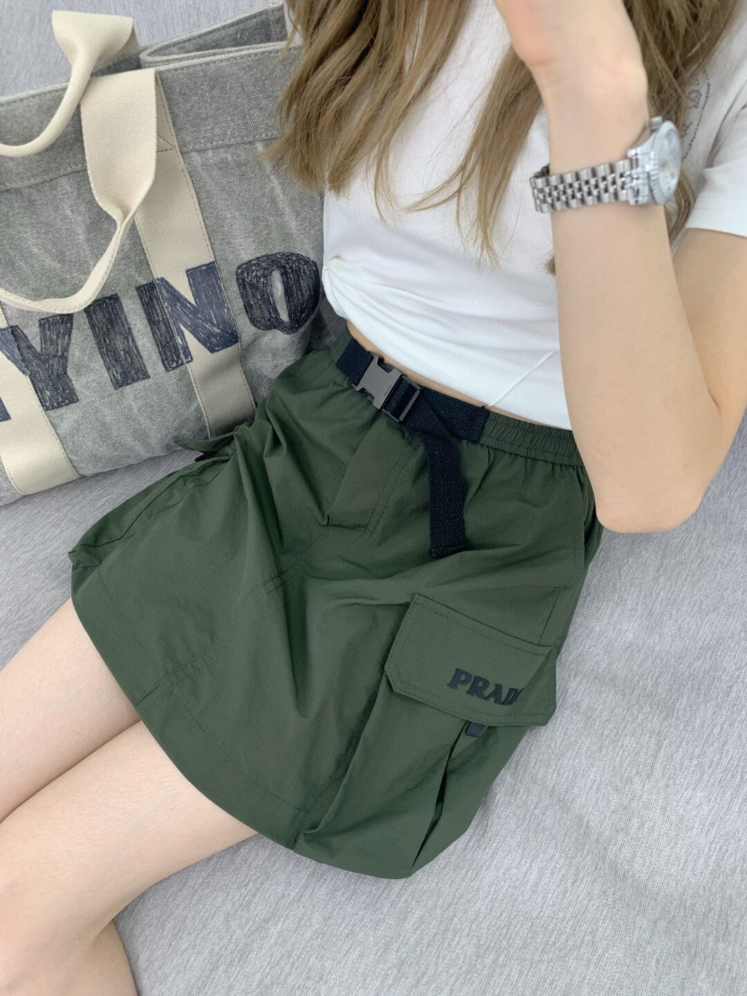 Prada Belted Olive Green Mini Skirt - Image 2