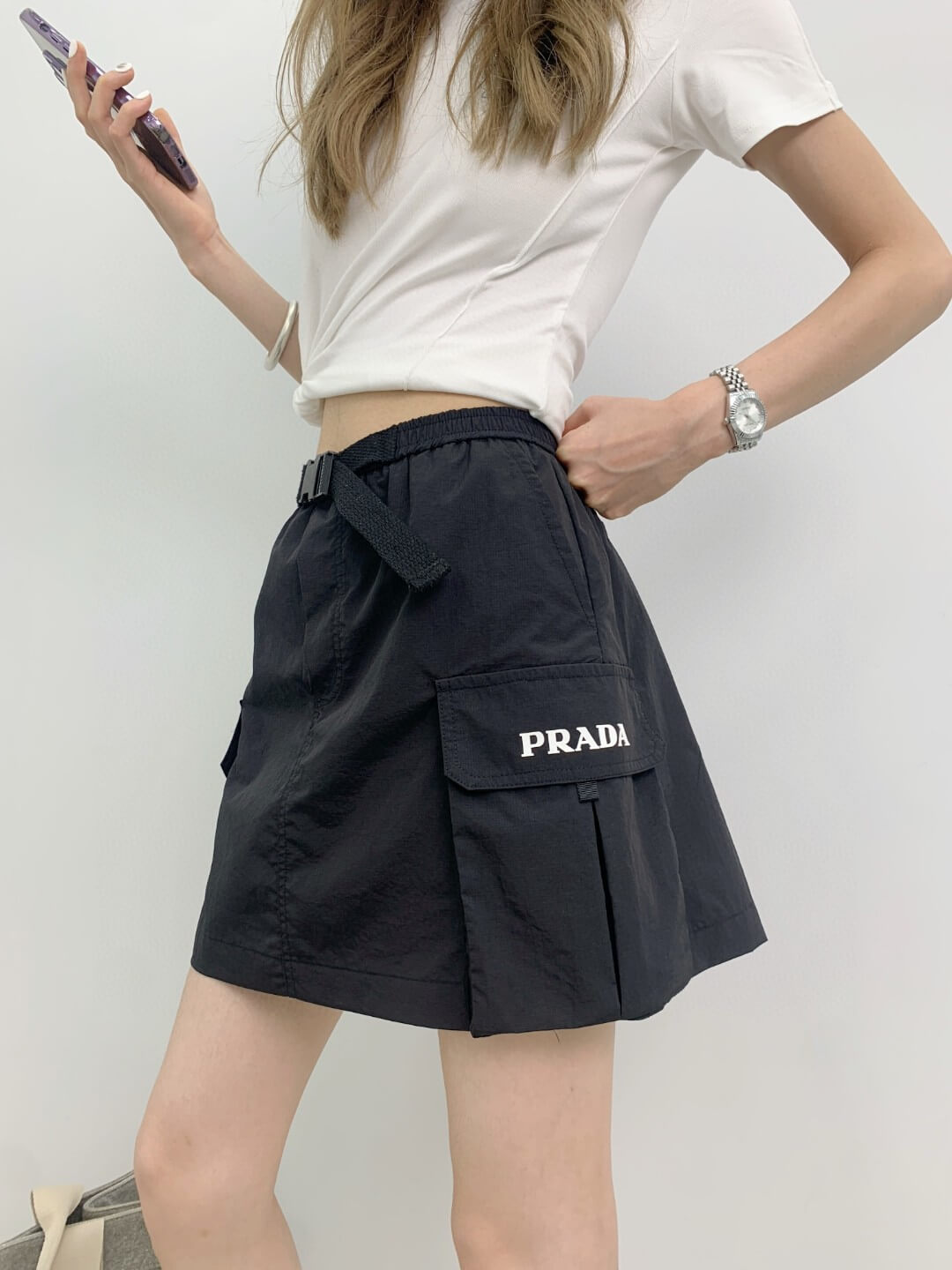 Prada–Style Nylon Cargo Mini Skirt – Black - Image 2