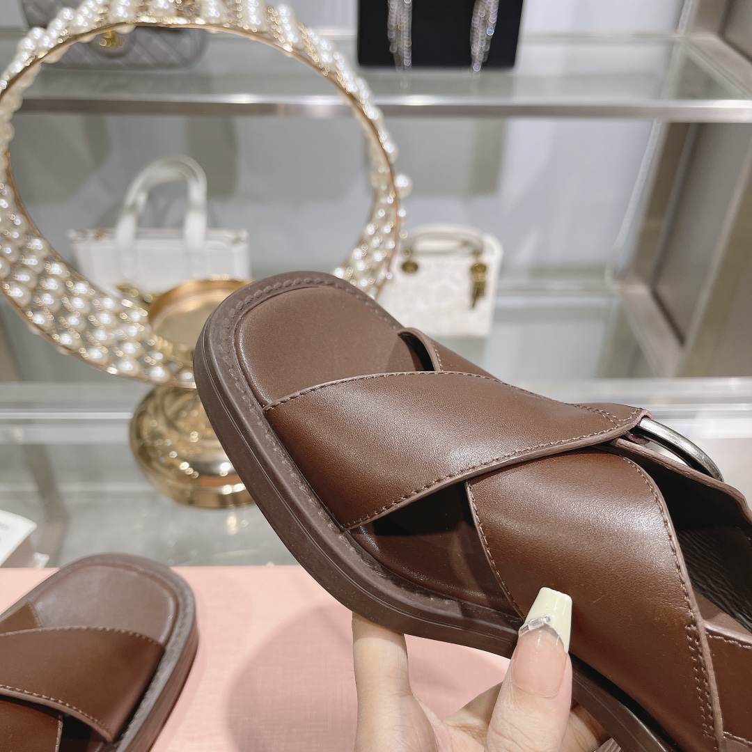 MIU MIU Brown Leather Cross-Strap Sandals - Image 8