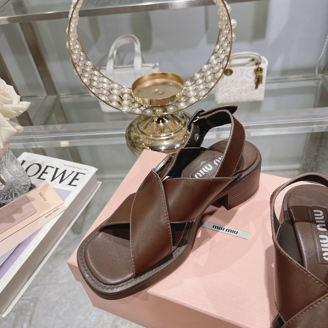 MIU MIU Brown Leather Cross-Strap Sandals - Image 6