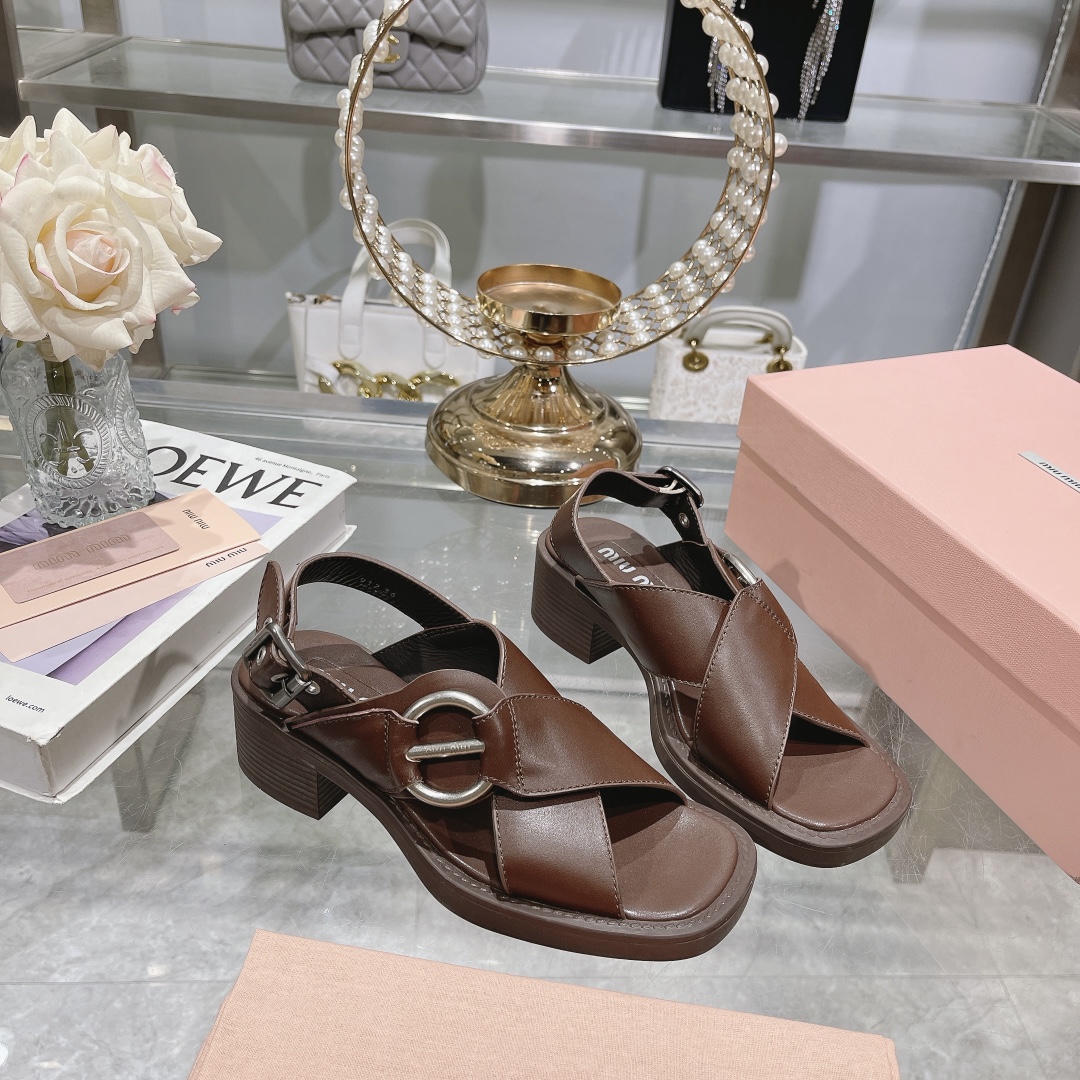 MIU MIU Brown Leather Cross-Strap Sandals - Image 5