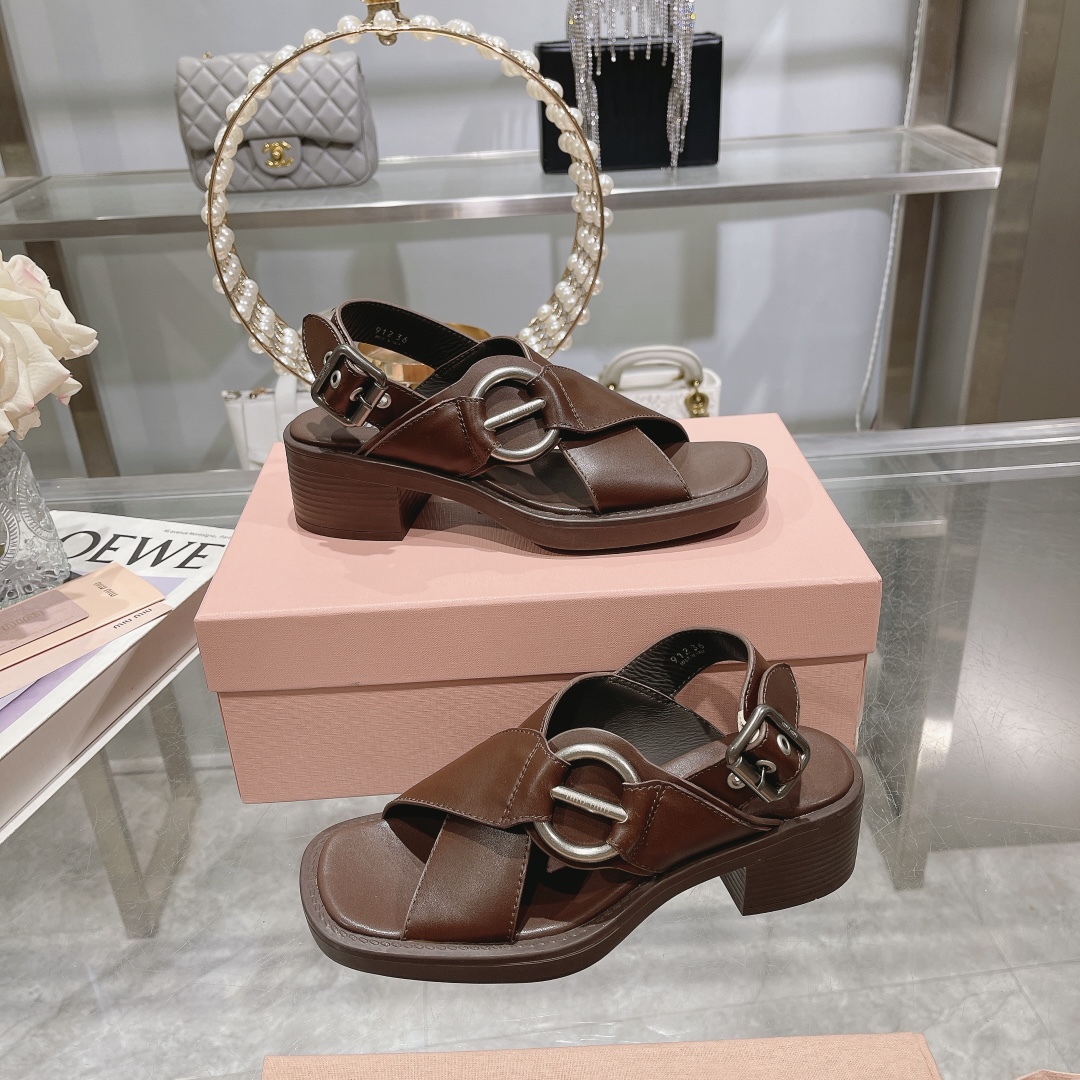 MIU MIU Brown Leather Cross-Strap Sandals