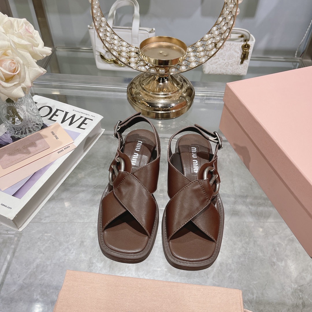 MIU MIU Brown Leather Cross-Strap Sandals - Image 2