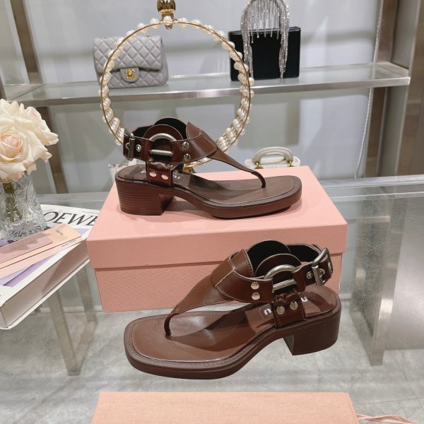 MIU MIU Brown Leather T-Strap Sandals