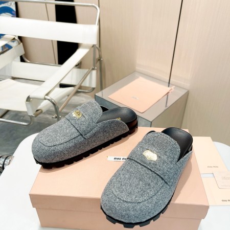 MIU MIU Grey Felt Slip-On Loafers