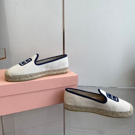 Miu Miu Ivory Cotton Drill Espadrilles with Navy Blue Logo Embroidery