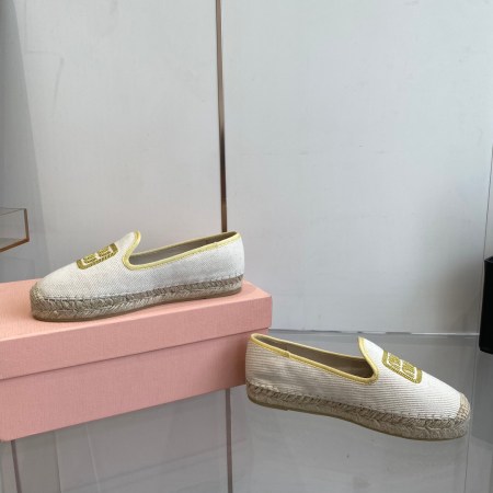 Miu Miu Ivory Cotton Drill Espadrilles with Yellow Logo Embroidery