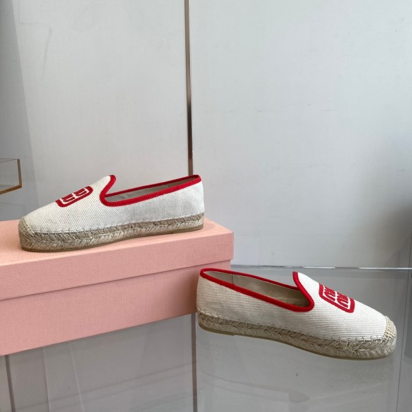 Miu Miu Ivory Cotton Drill Espadrilles with Red Logo Embroidery