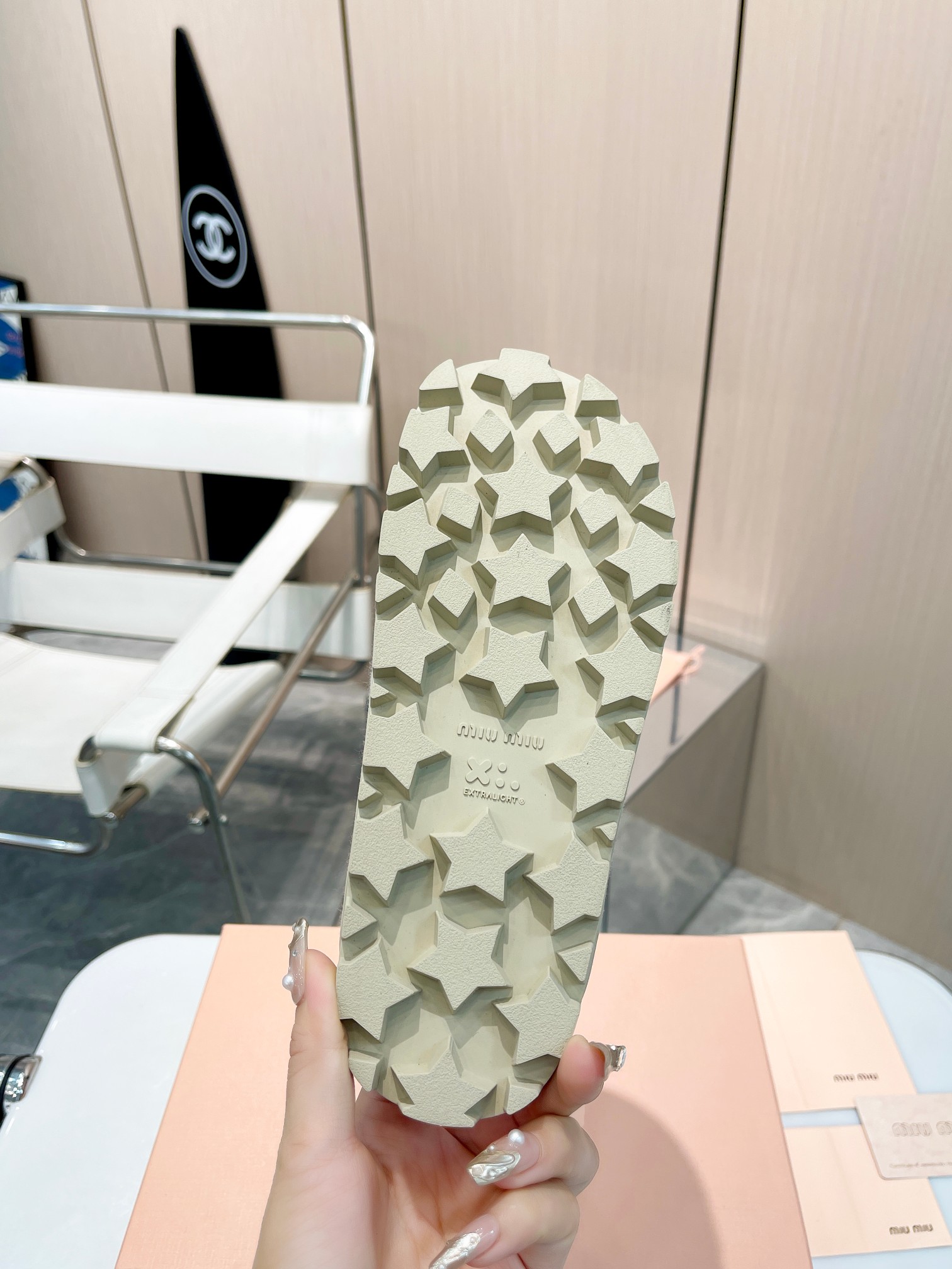 MIU MIU Light Grey Felt Penny Loafers with Gold Logo - Image 9