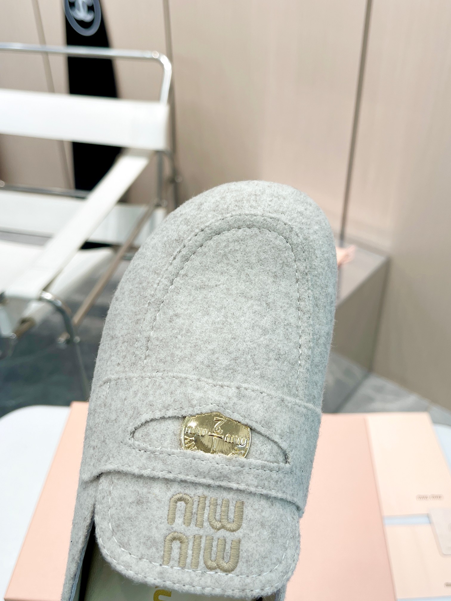 MIU MIU Light Grey Felt Penny Loafers with Gold Logo - Image 8