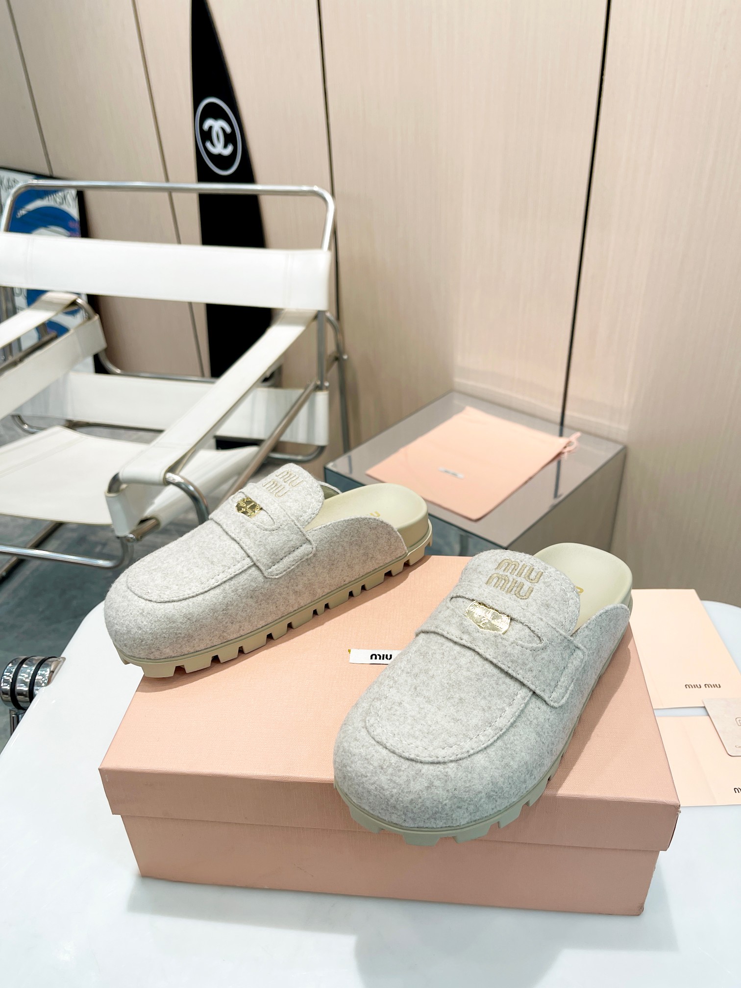 MIU MIU Light Grey Felt Penny Loafers with Gold Logo