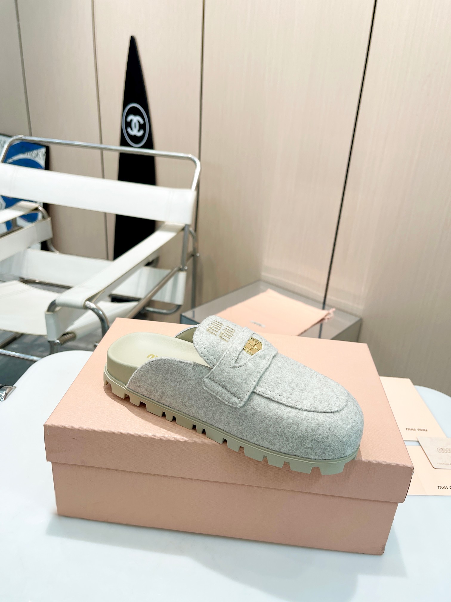 MIU MIU Light Grey Felt Penny Loafers with Gold Logo - Image 3