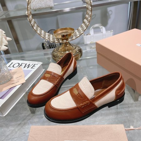 Miu Miu Brown Linen and Leather Loafers