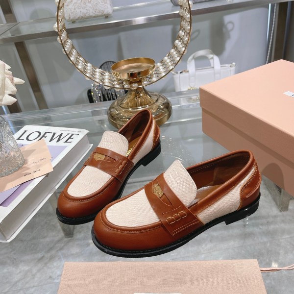 Miu Miu Brown Linen and Leather Loafers
