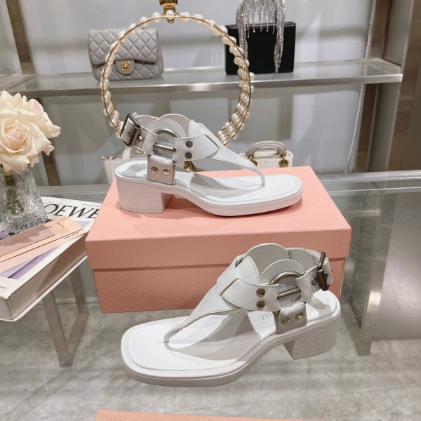 MIU MIU White Leather T-Strap Sandals