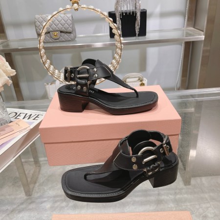 MIU MIU Black Leather T-Strap Sandals