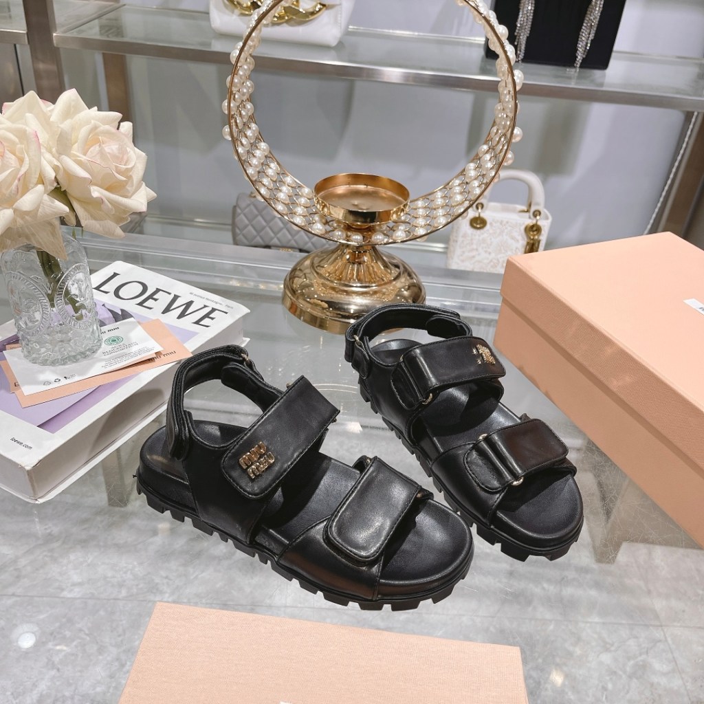 Miu Miu Black Sporty Matelassé Nappa Leather Strap Sandals