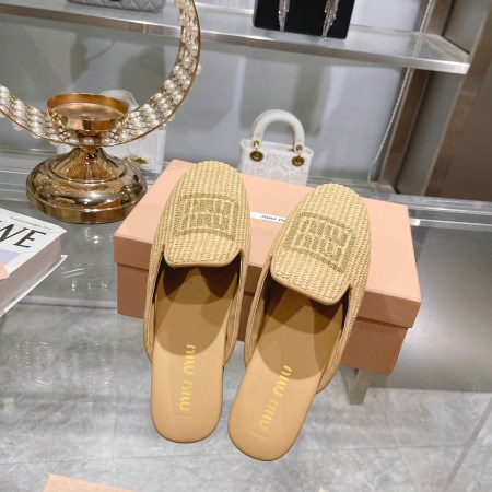 MIU MIU Beige Raffia-Effect Logo Slide Slippers