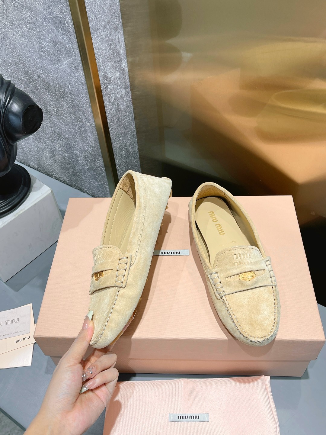 Miu Miu Women's Beige Suede Driving Loafers - Image 3