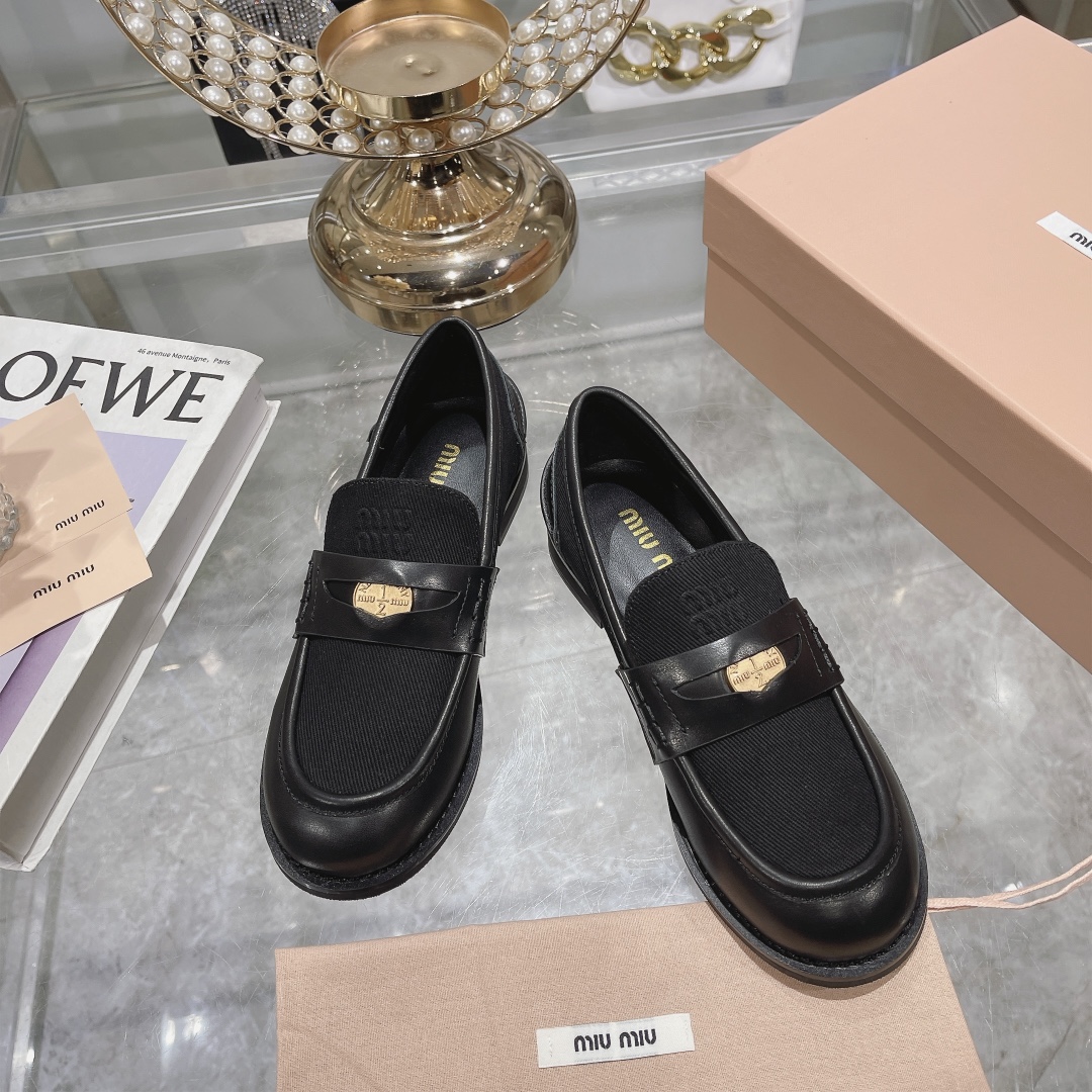 Miu Miu Black Leather and Knit Loafers