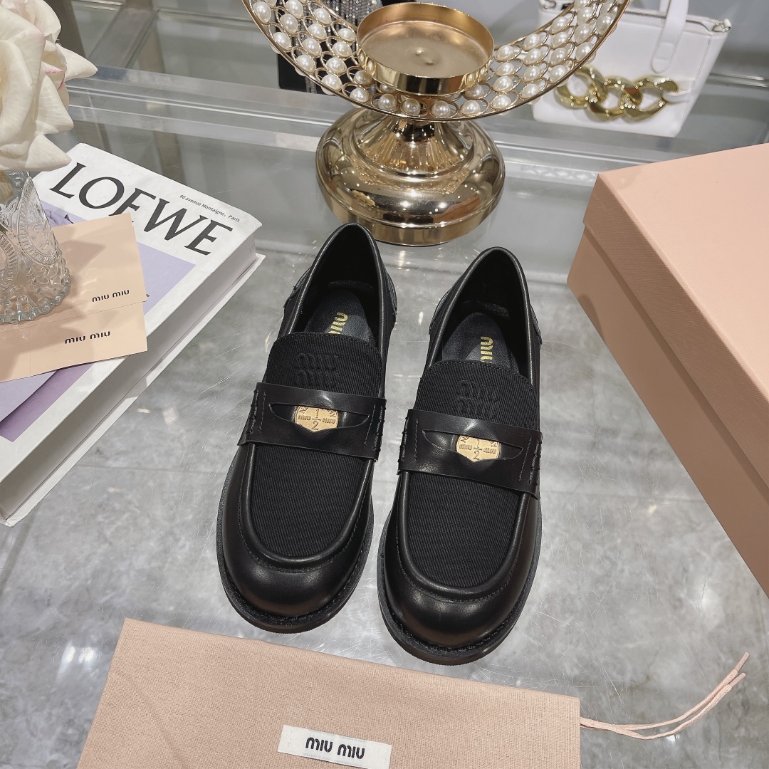 Miu Miu Black Leather and Knit Loafers - Image 2