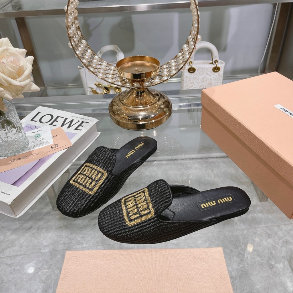 MIU MIU Black Raffia-Effect Logo Slide Slippers