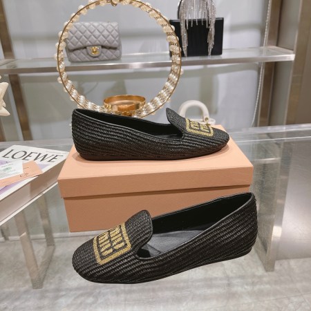 MIU MIU Black Raffia-Effect Logo Slip-On Flats