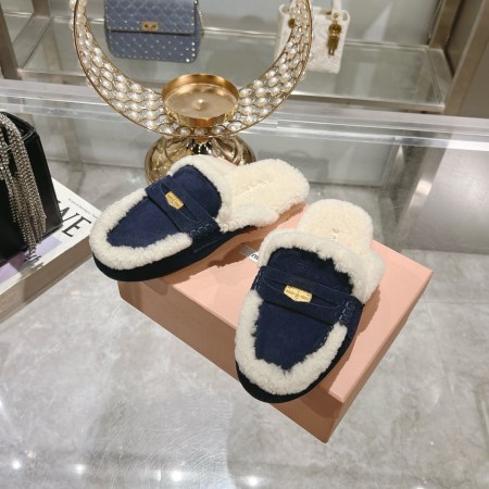 Miu Miu Women's Navy Blue Suede and Fur Slippers