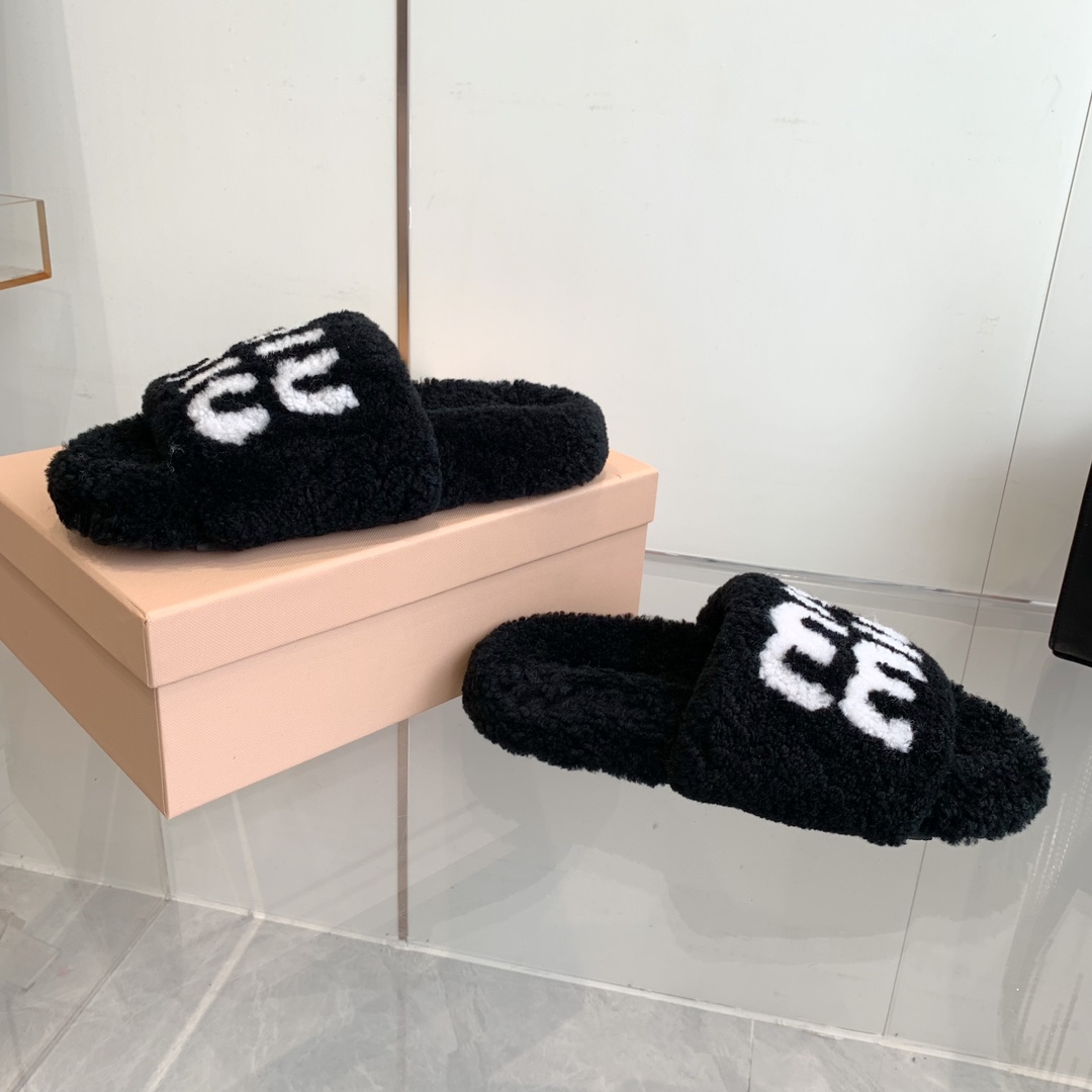 Miu Miu Black Wool Slippers with White Logo Embroidery - Image 8