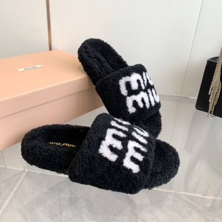 Miu Miu Black Wool Slippers with White Logo Embroidery
