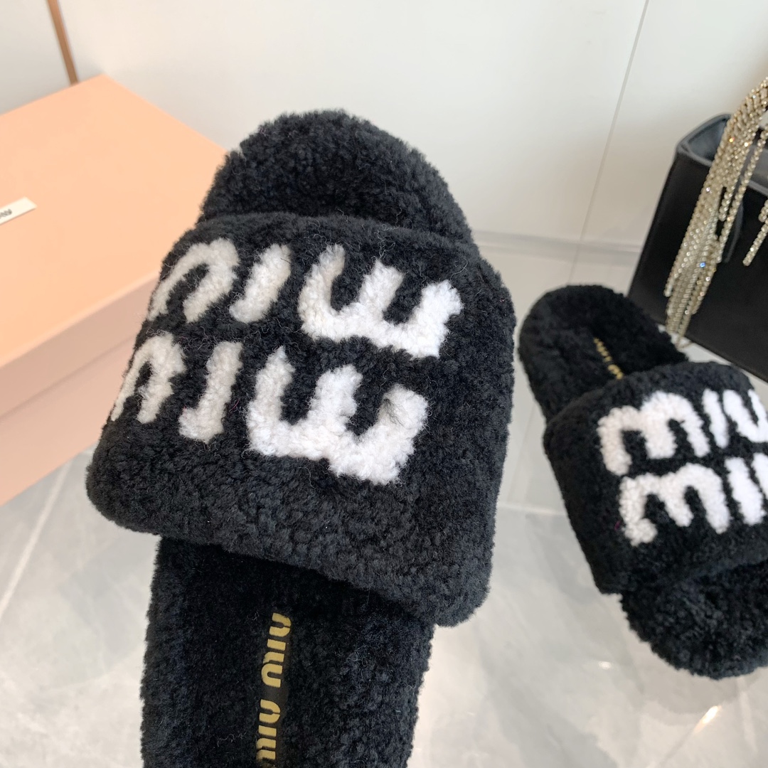 Miu Miu Black Wool Slippers with White Logo Embroidery - Image 6