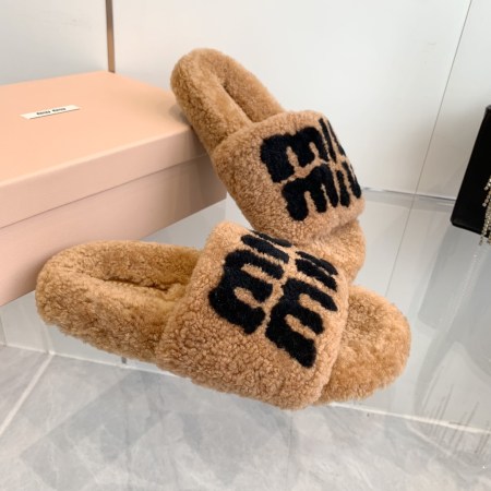 Miu Miu Brown Shearling Slippers with Black Logo