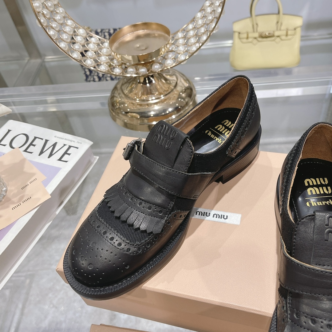 Miu Miu x Church’s Black Leather & Linen Brogue Shoes - Image 6