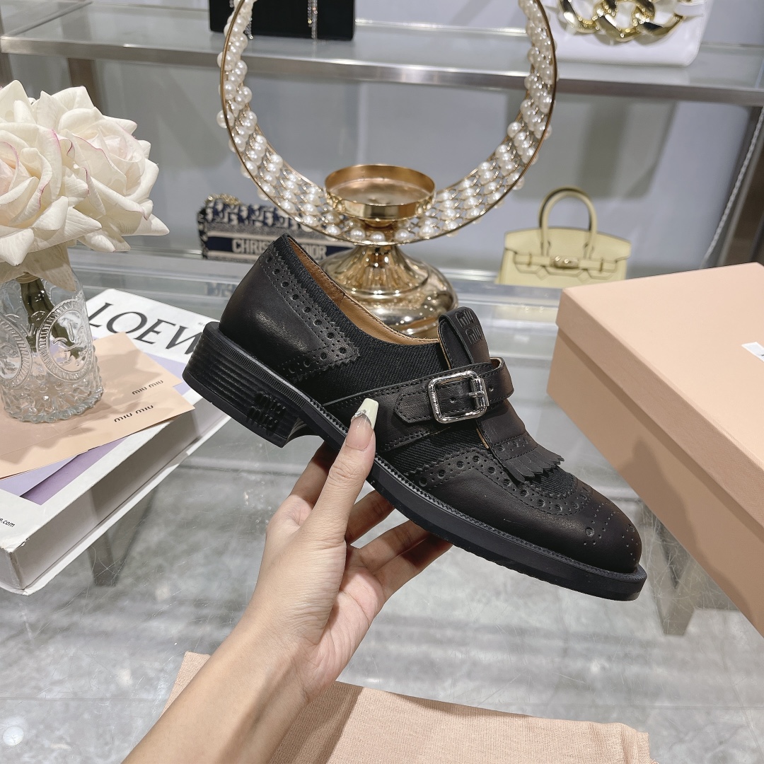 Miu Miu x Church’s Black Leather & Linen Brogue Shoes - Image 4
