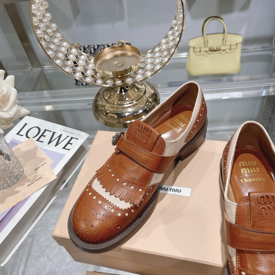 Miu Miu x Church’s Brown Leather & Linen Brogue Shoes - Image 6