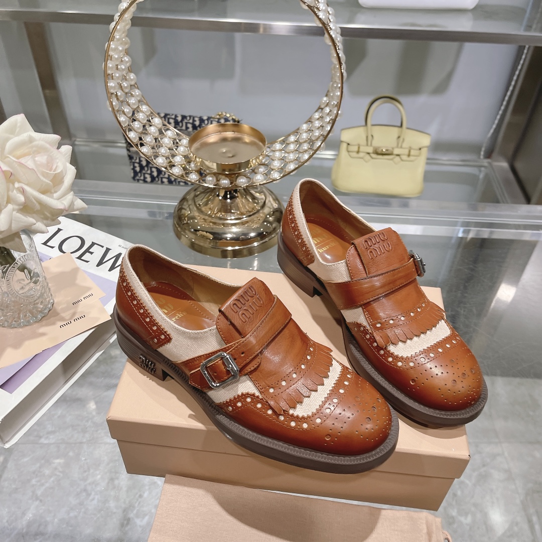 Miu Miu x Church’s Brown Leather & Linen Brogue Shoes - Image 5