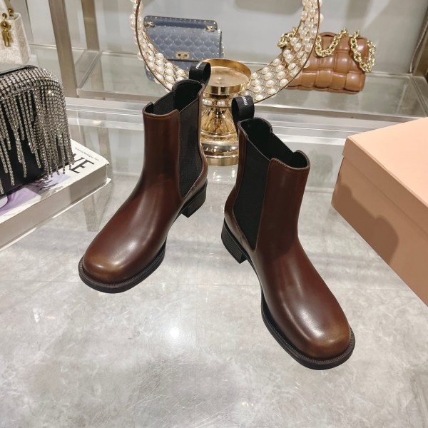 Miu Miu Classic Leather Chelsea Brown Boots