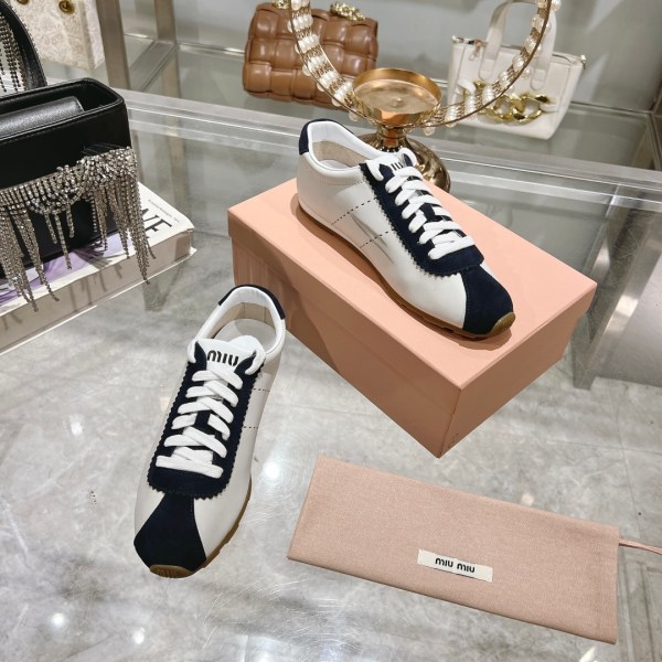 Miu Miu Plume in White and Navy Blue Sneakers