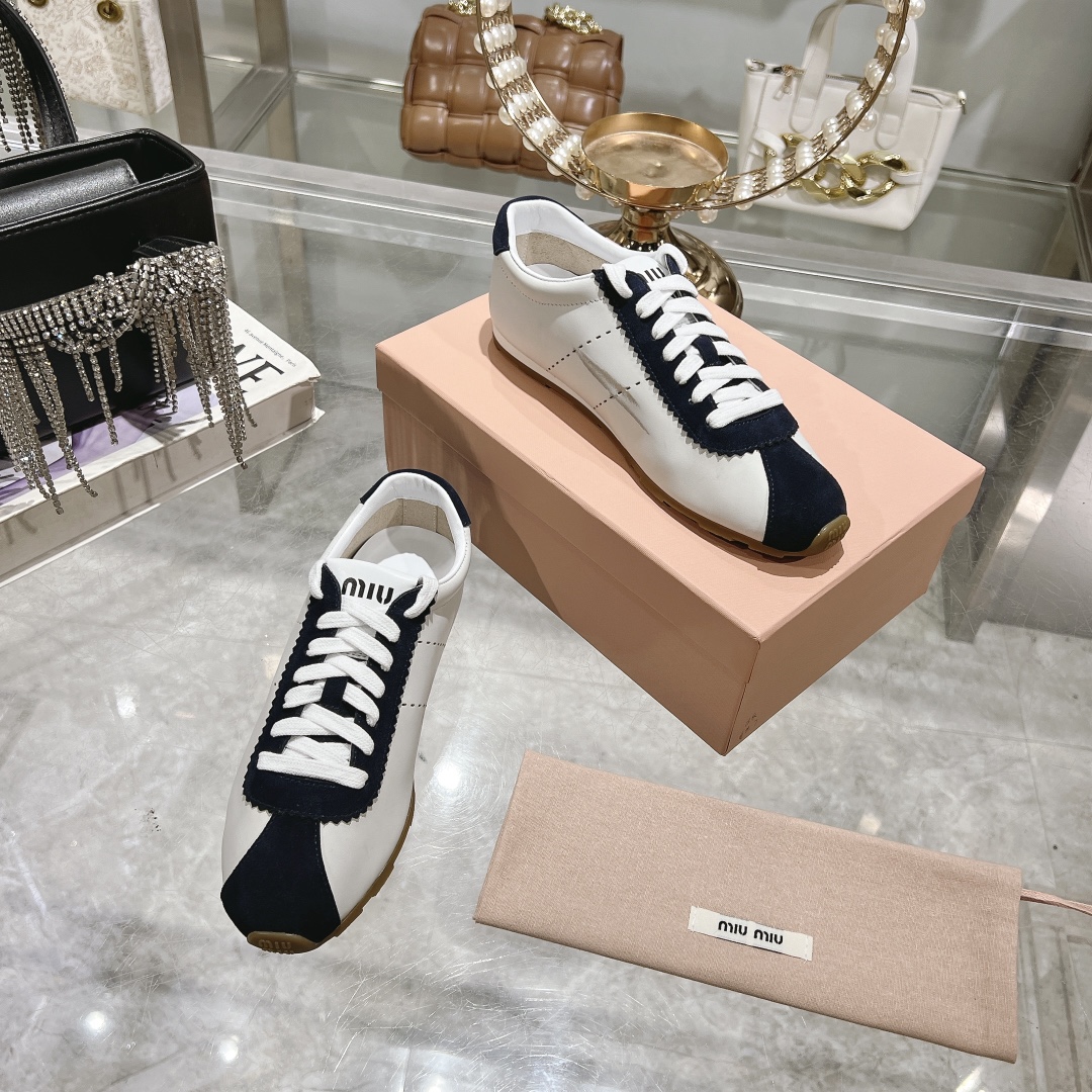 Miu Miu Plume in White and Navy Blue Sneakers