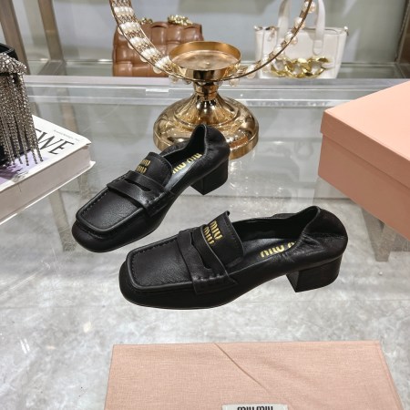 Miu Miu Women's Black Leather Square-Toe Heeled Loafers