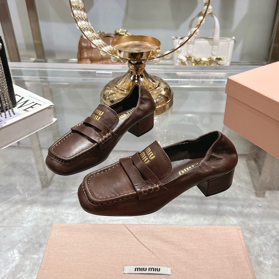 Miu Miu Women's Brown Square Toe Heeled Loafers
