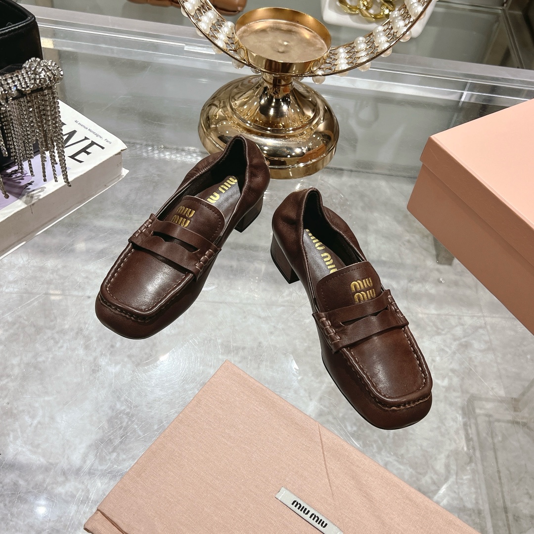Miu Miu Women's Brown Square Toe Heeled Loafers - Image 2