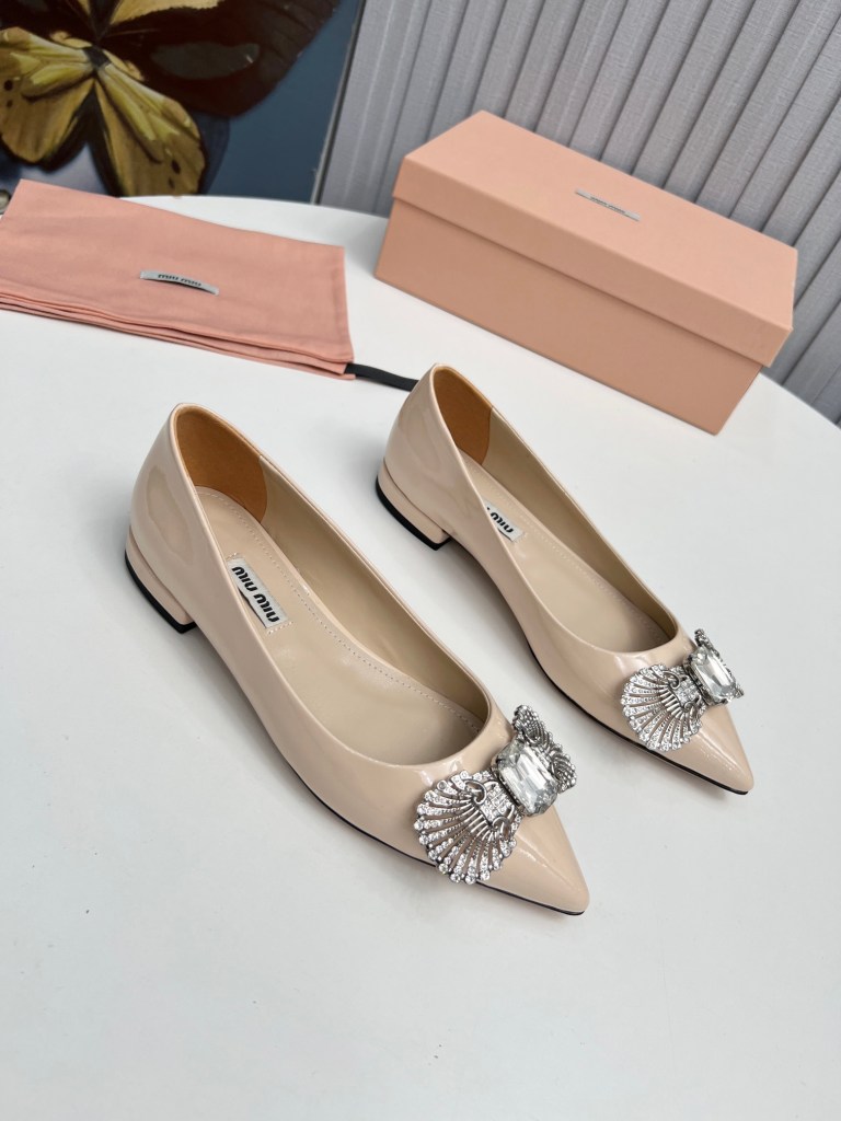 Miu Miu Beige Embellished Patent Pointed-Toe Flats