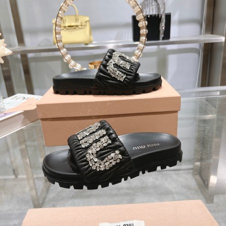 Miu Miu Black Crystal-Embellished Quilted Slides